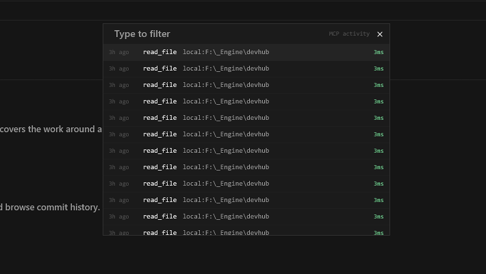 DevHub MCP activity overlay with read-only tool calls