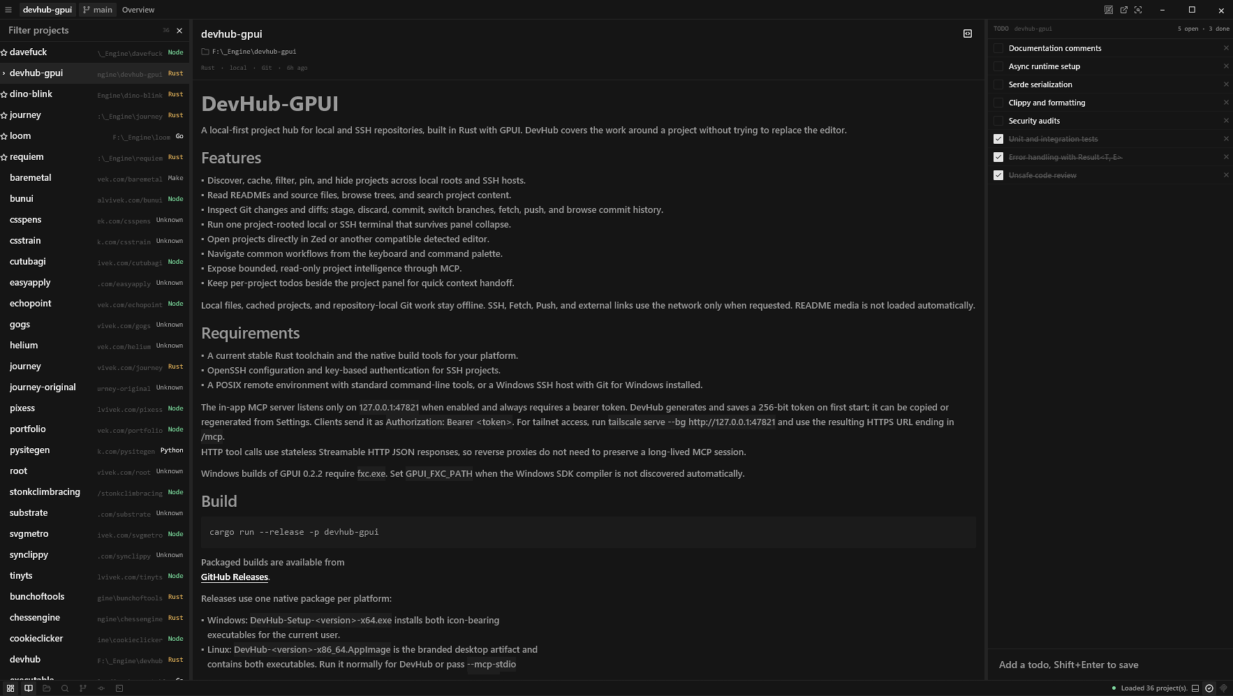 DevHub latest displaying a selected project's README and context
